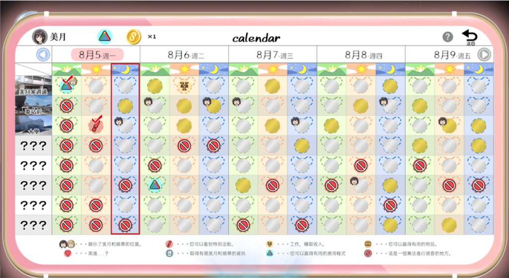游戏中行事曆的介面:2 位女主角、每天 3 个地点、一共 8 个地点