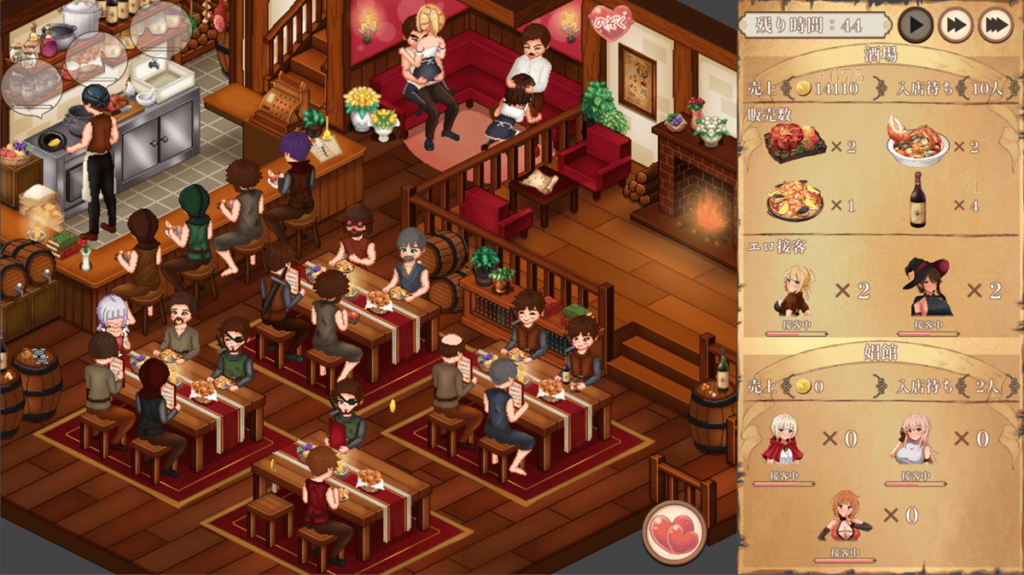 游戏后期完全改建好的一楼酒馆,画面中间粉红色的是中期开放的 VIP 室