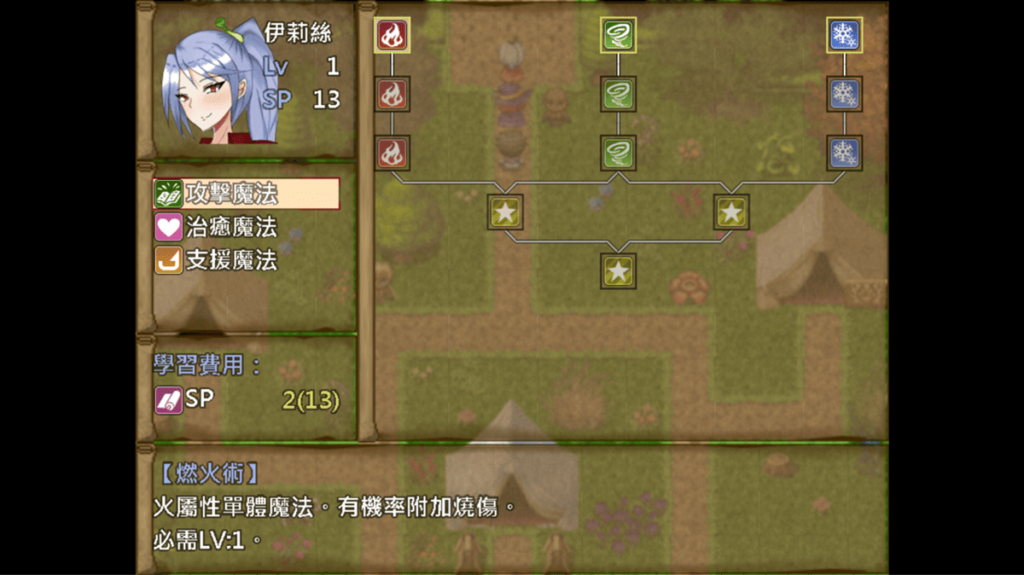 每个角色都有 3 种不同类型的技能树,图为伊莉丝的攻击魔法技能树