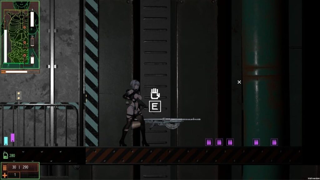 《CYANBRAIN》一共有 3 种枪械类型,初始的小枪有无限子弹,另外还有「紫弹」和「橘弹」对应不同武器