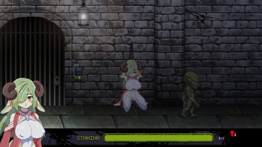 第 1 关玩法:找到牆上的锁链,让自己假装被铐在那边,免于被哥布林侵犯