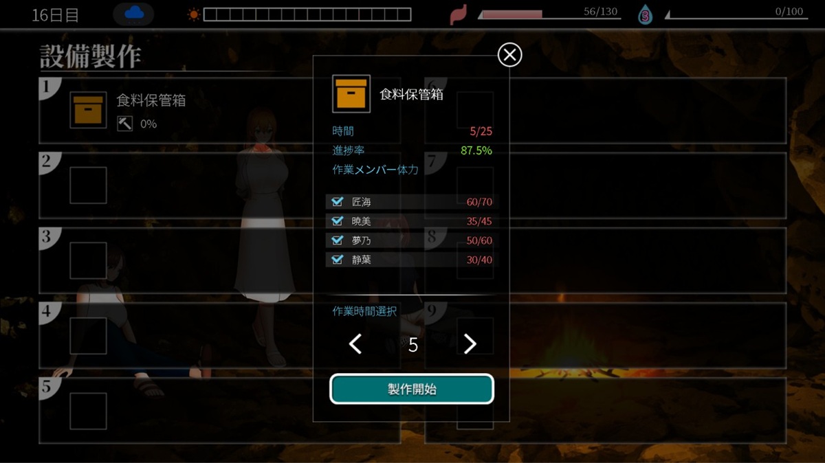 以食物保管箱为例,4 个人都下去制作 5 个小时,物品的完成度只有到 87.5%