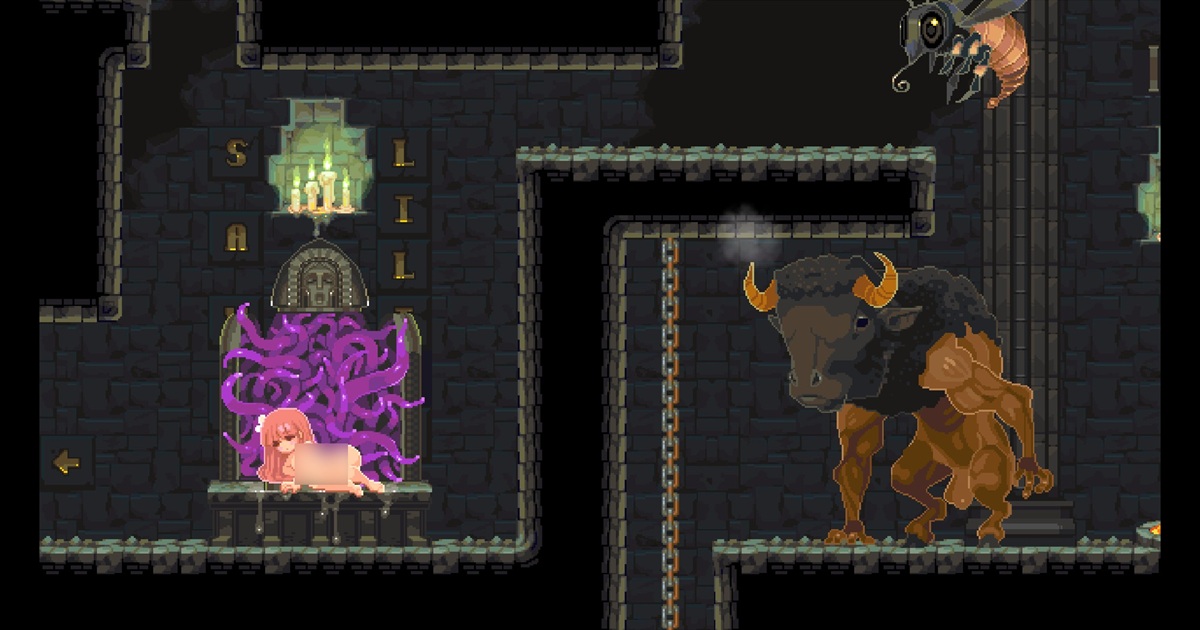 游戏中的记录点是内部充满触手的铁处女(上图左侧)