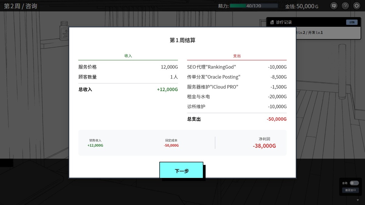 在结束自由行动后,将会进行结算,统计本周利润