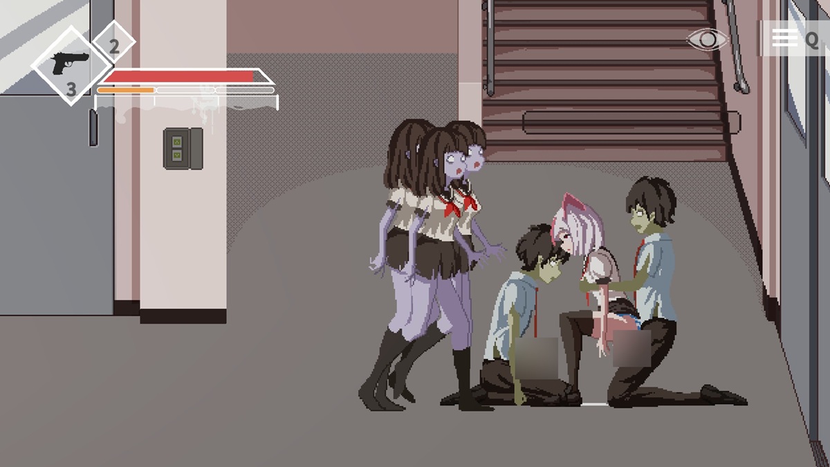 部分敌人有 3P 场景,需要倒地状态时,周围有多个同类型敌人,图中为 H 动画高潮后的状态