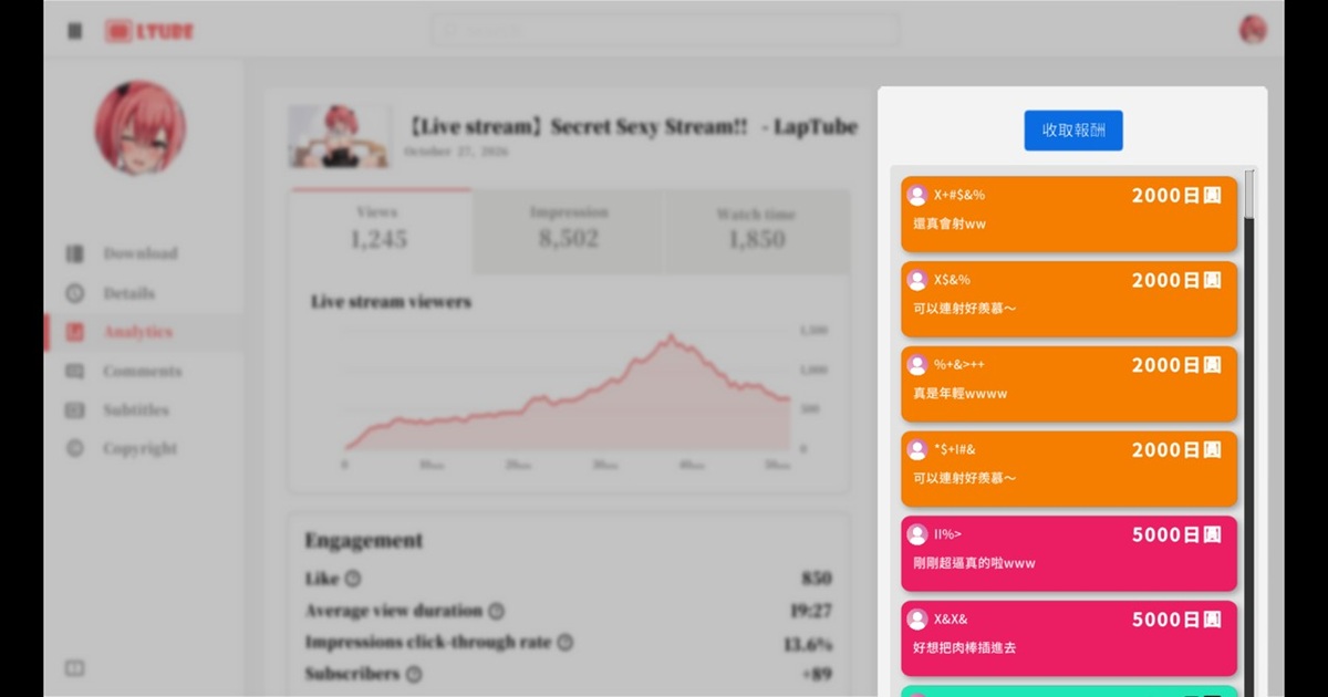 进行公开直播,只要男女主角有一方高潮,就可以收到观众的赞助奖金,直播期间高潮越多次,赚到的奖金就越多