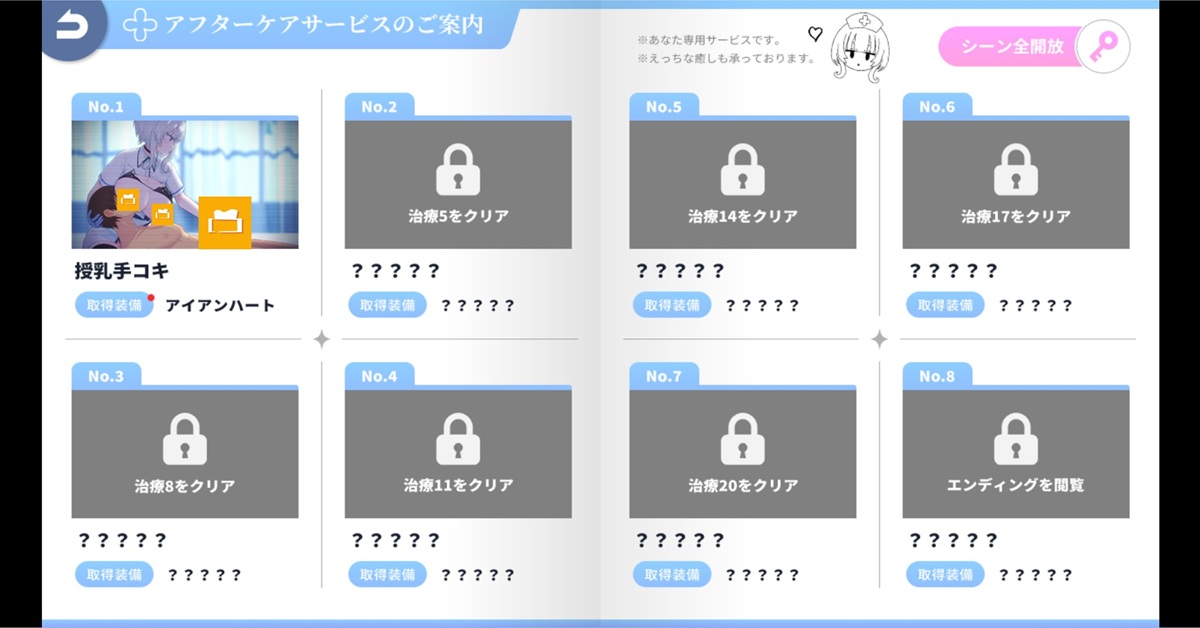 「アフターケア(后续护理)」也有全解锁的功能